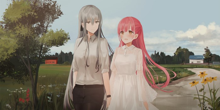 Two anime girls with white and pink hair walking outdoors
