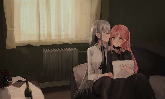 Two anime girls, one with white hair, one with pink hair, embracing
