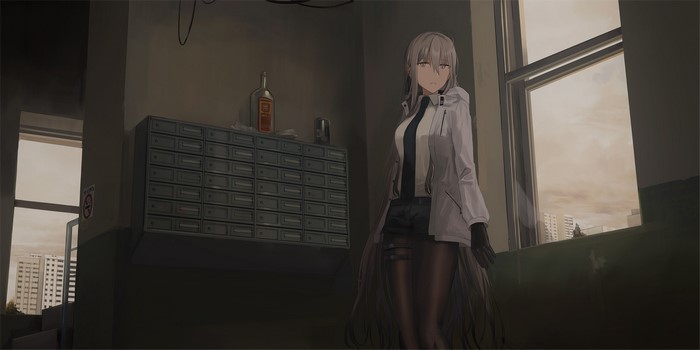 Anime girl with white hair in a white coat