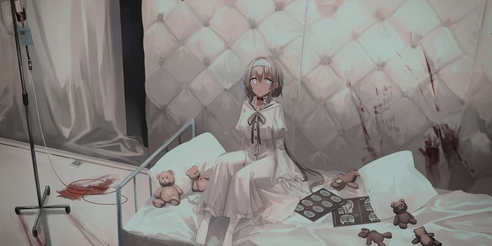 Anime girl in padded room with teddy bears and medical equipment