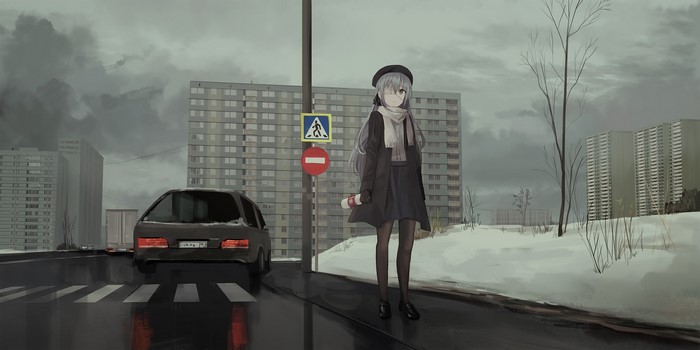Anime girl with eyepatch in a snowy Russian city