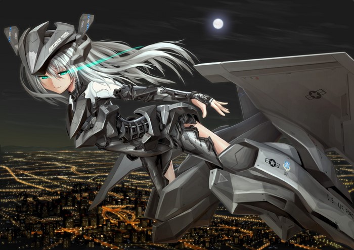 Girl in mecha suit riding on a jet over a city at night