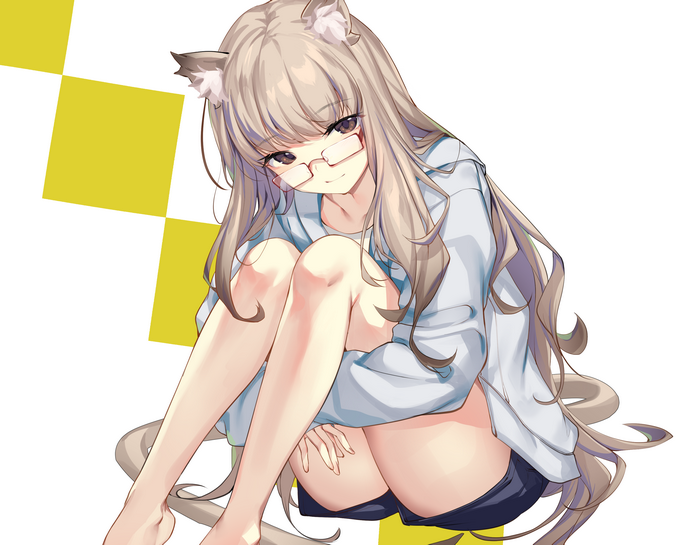 Anime cat girl with glasses and long hair