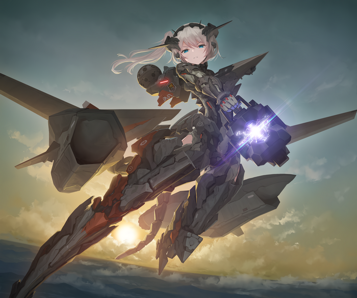 Girl in mecha suit with gun flying at sunset
