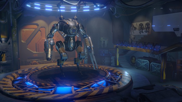 Mech in a futuristic workshop
