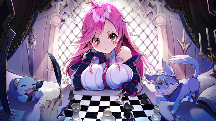 Katarina from League of Legends playing chess with creatures