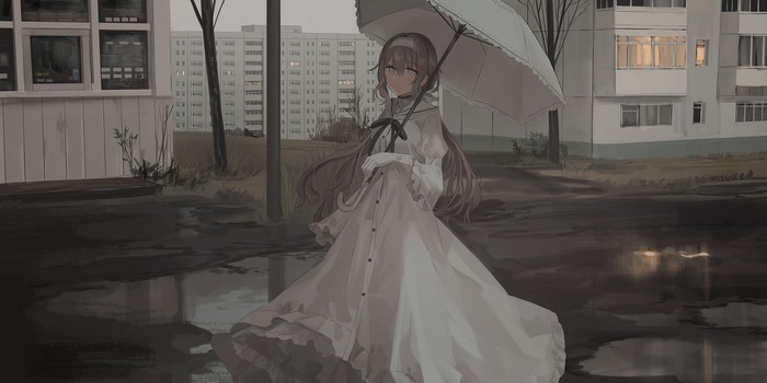 Anime girl with umbrella in front of apartment buildings