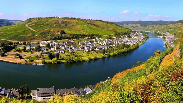 River valley with vineyards and a town