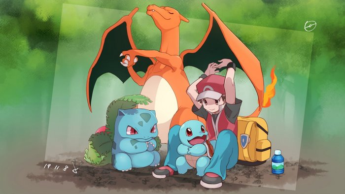 Red and Pokémon Charizard, Bulbasaur, and Squirtle