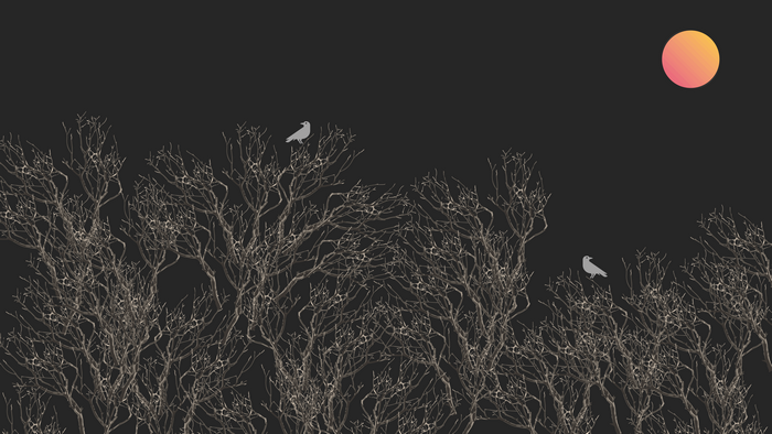 Minimalist night scene with bare trees and a gradient moon