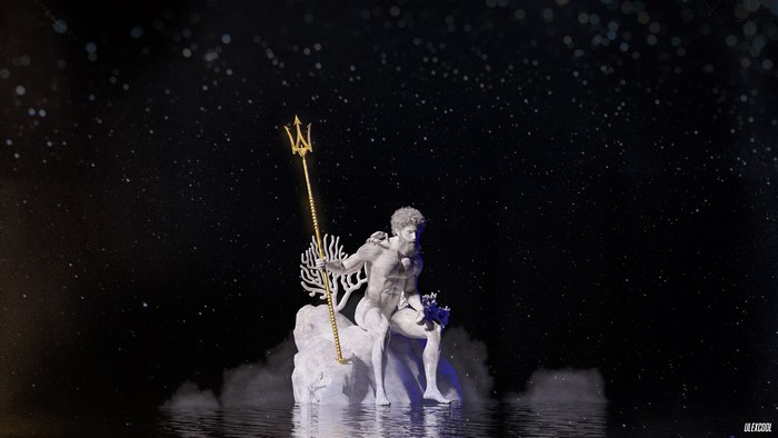 Poseidon statue with trident and coral
