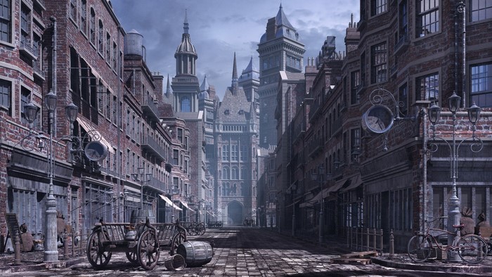Victorian Street with Old Buildings and Cobblestone