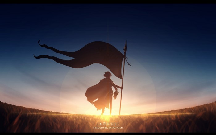 Jeanne d'Arc from Fate/Apocrypha holding a flag at sunset
