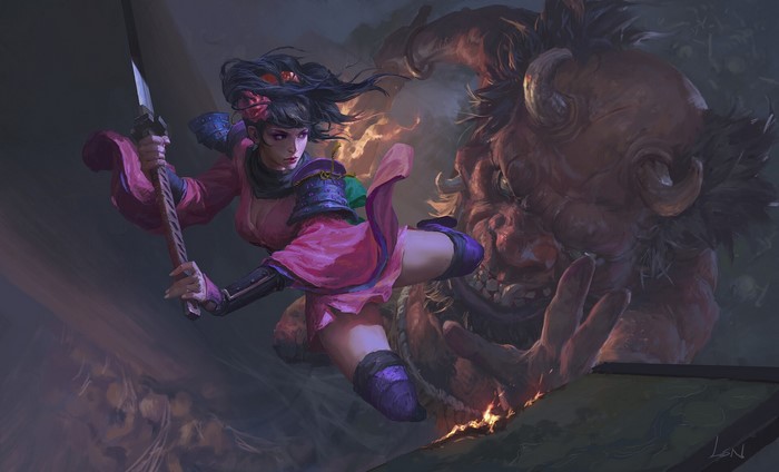 Momohime fighting a demon with a katana in Muramasa: The Demon Blade