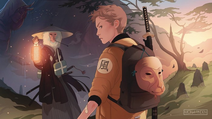 Boy with backpack and monkey samurai with lantern