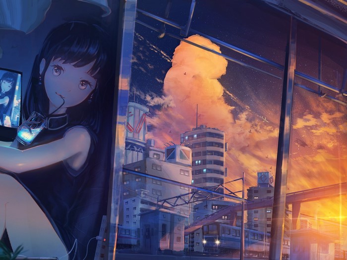 Anime girl with drink in cityscape at sunset