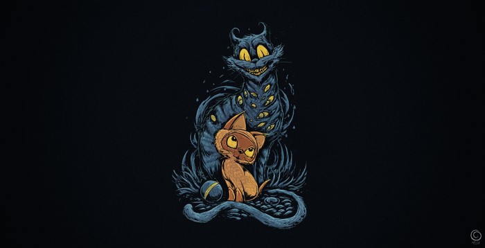 Two cats, one monstrous with many eyes