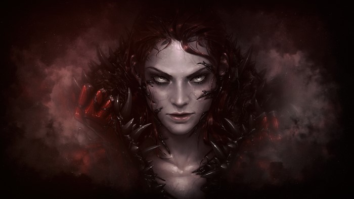 Fantasy girl with dark tendrils and red armor