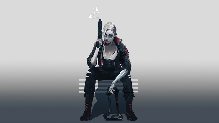 Cyberpunk woman with gun sitting on bench