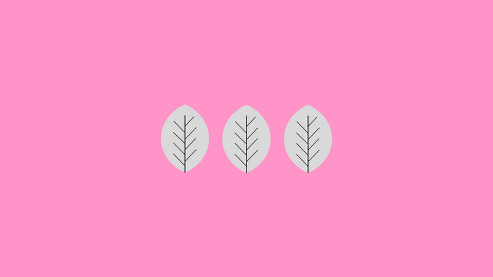 Three stylized leaves on a pink background
