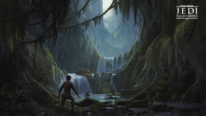 Cal Kestis and BD-1 from Star Wars Jedi: Fallen Order in a cave
