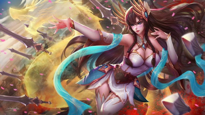 Irelia from League of Legends with a dragon and swords