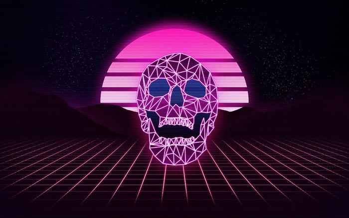 Neon wireframe skull in synthwave landscape