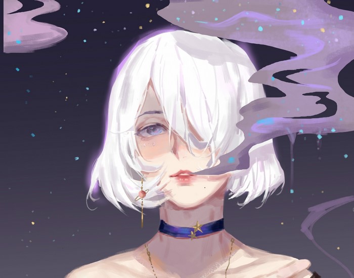 Anime girl with white hair and purple smoke