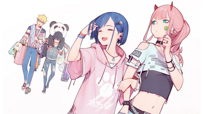 Zero Two, Ichigo, Hiro, and Goro from Darling in the FranXX