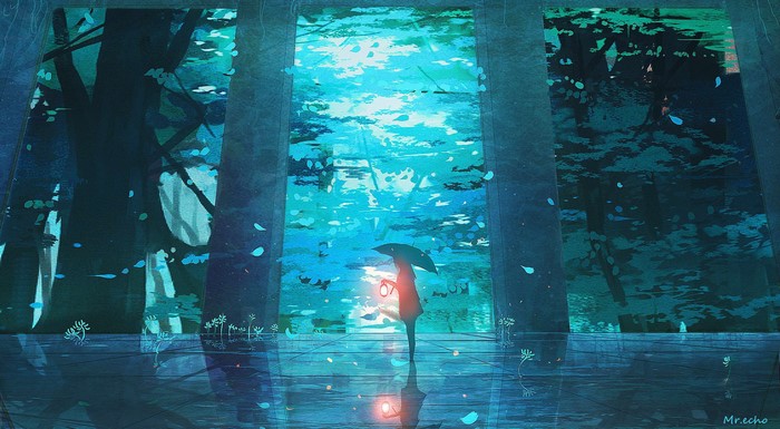 Anime girl with umbrella and lantern in forest