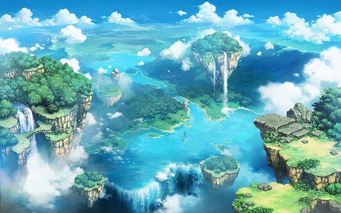 Anime style floating island landscape with waterfalls