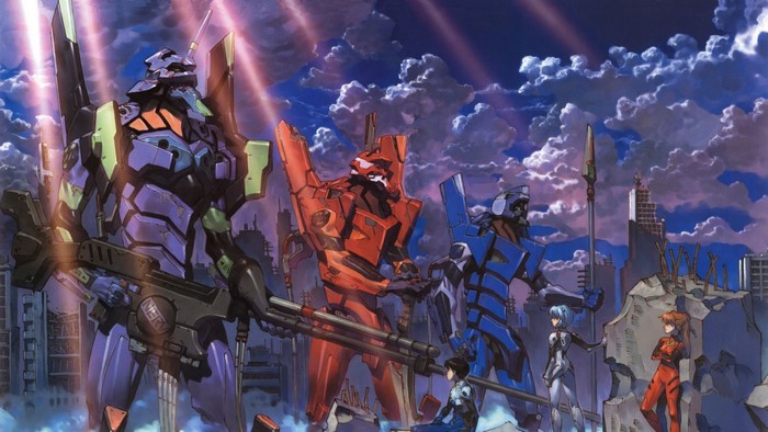 Evangelion Units with pilots in a ruined city