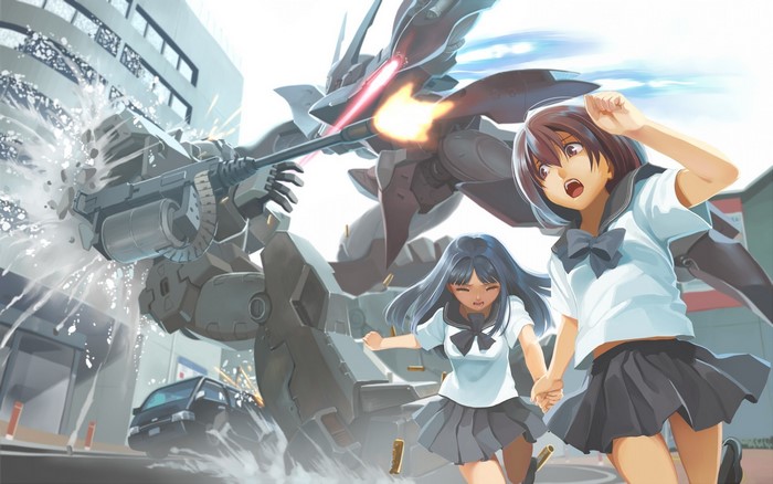 Anime girls running from mecha fight