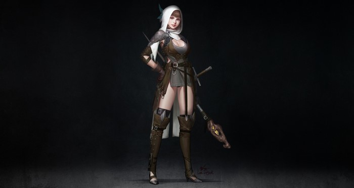 Fantasy girl with sword and staff