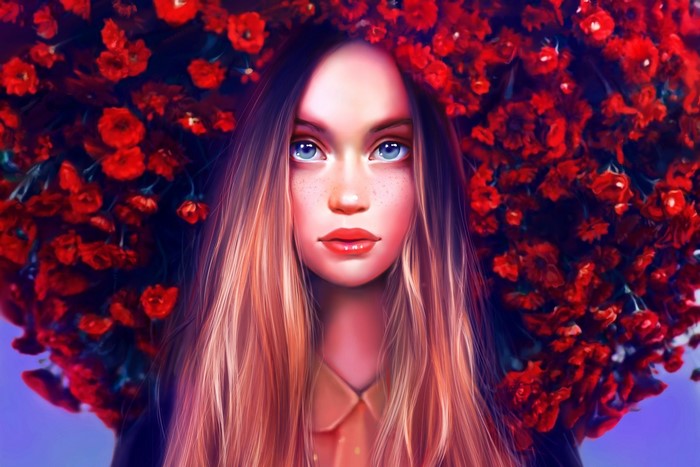 Artwork of a woman with long hair and blue eyes surrounded by red flowers