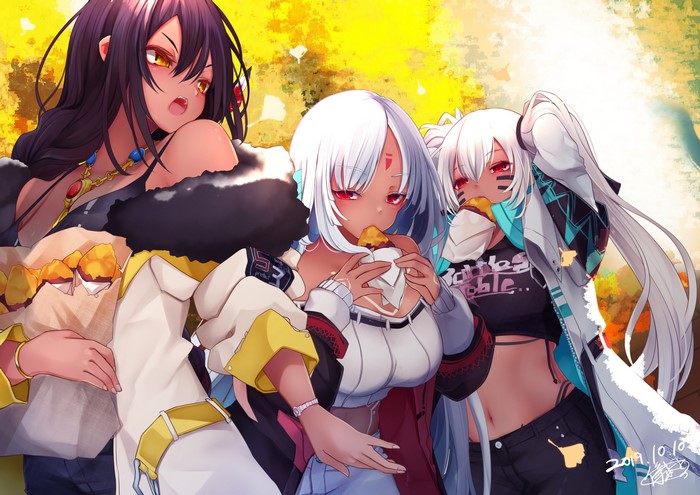 Azur Lane characters Massachusetts, Alabama, and South Dakota eating