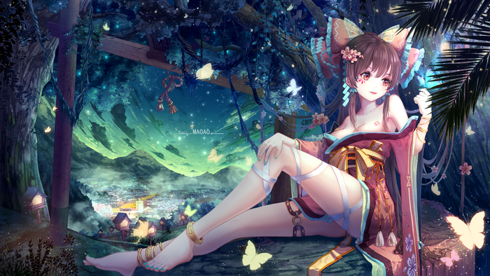 Anime girl in kimono with butterflies in forest
