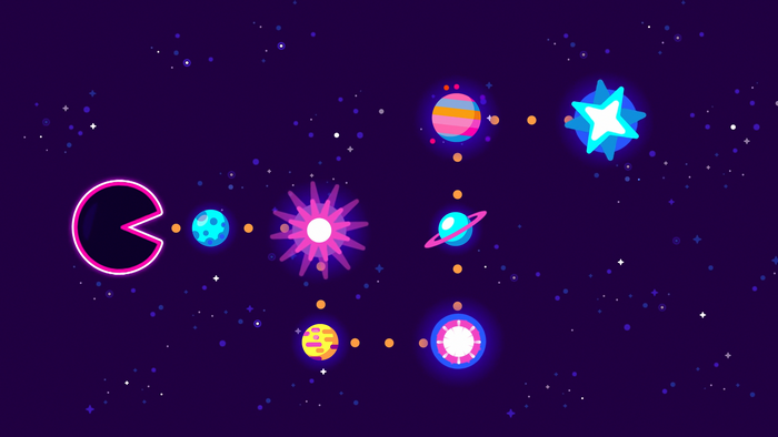 Pac-Man and planets in space with stars