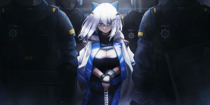 Anime girl with white hair and blue eyes surrounded by SWAT officers