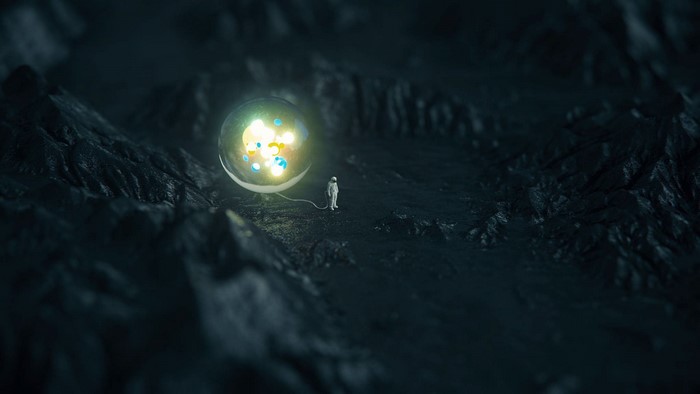 Astronaut and glowing orb on alien planet