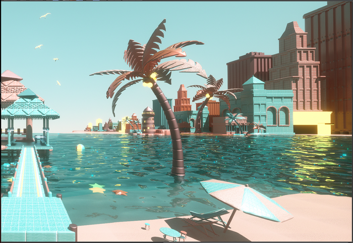 Tropical city with palm trees and beach