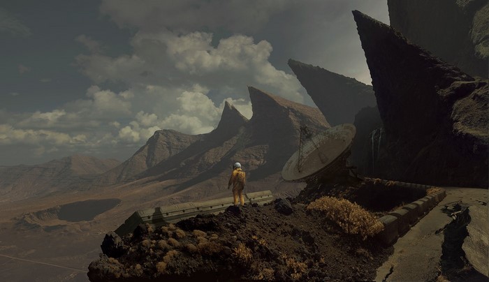 Astronaut on a desolate alien planet with mountains and satellite dish