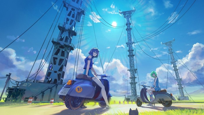 Eureka Seven anime girls on scooters