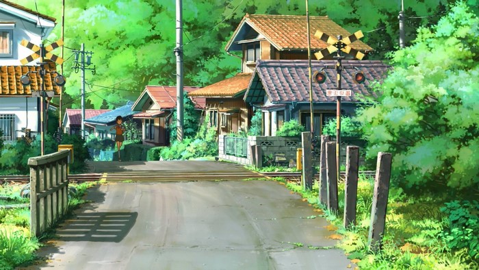 Anime railway crossing with houses and trees