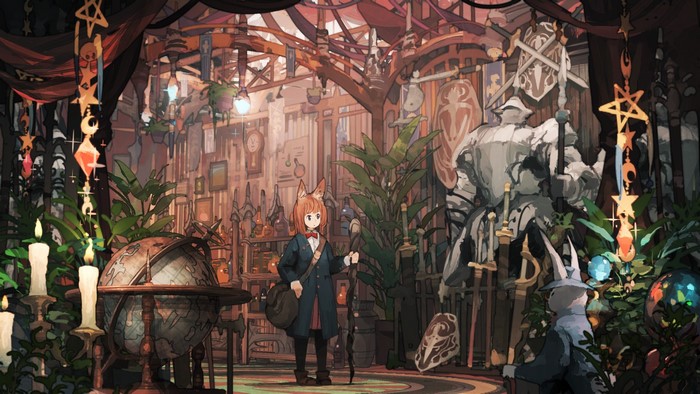 Anime girl with cat ears in a magical shop