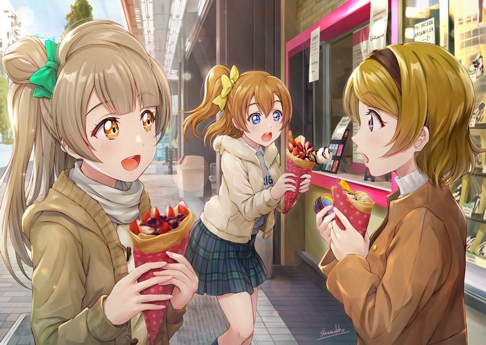 Anime girls eating crepes from Love Live!