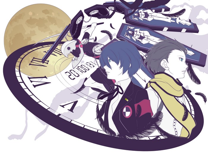Persona 3 Thanatos and characters with clock and coffins