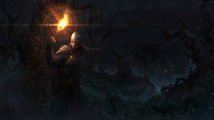 Fantasy artwork of a knight with a torch in a dark forest