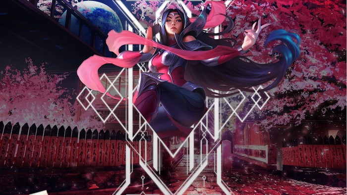 Irelia from League of Legends with pink cherry blossoms
