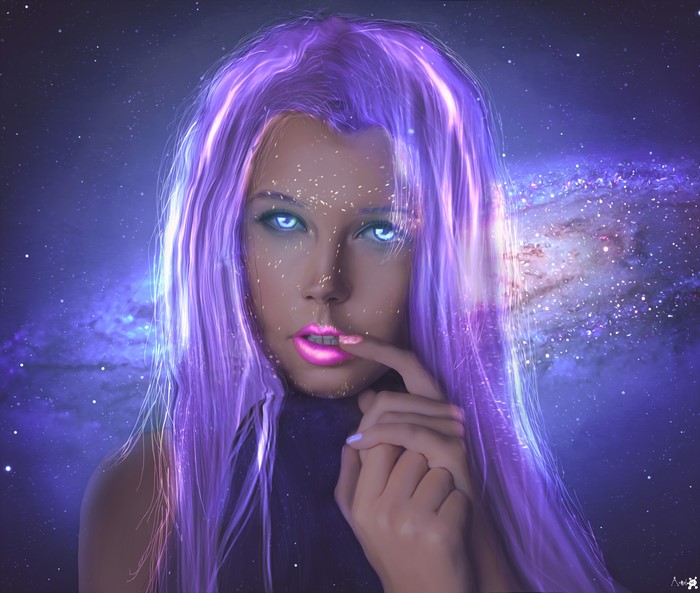 Woman with purple hair and blue eyes in space